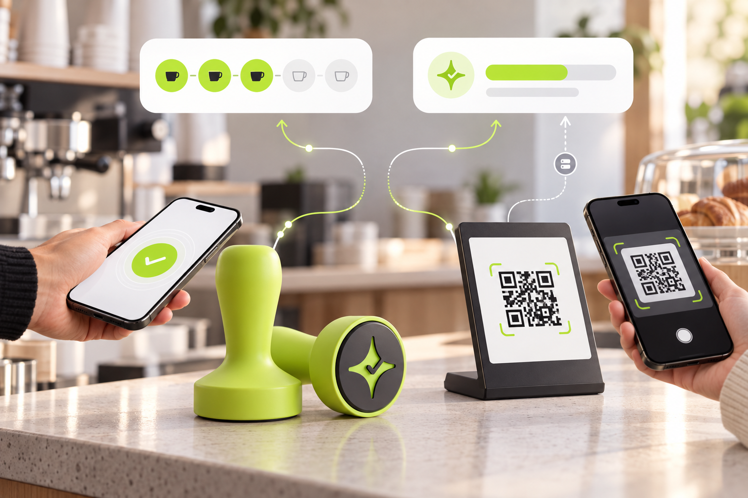 Çentik loyalty workflow showing an NFC counter interaction and a POS-displayed QR code leading to count-based rewards or a loyalty balance.
