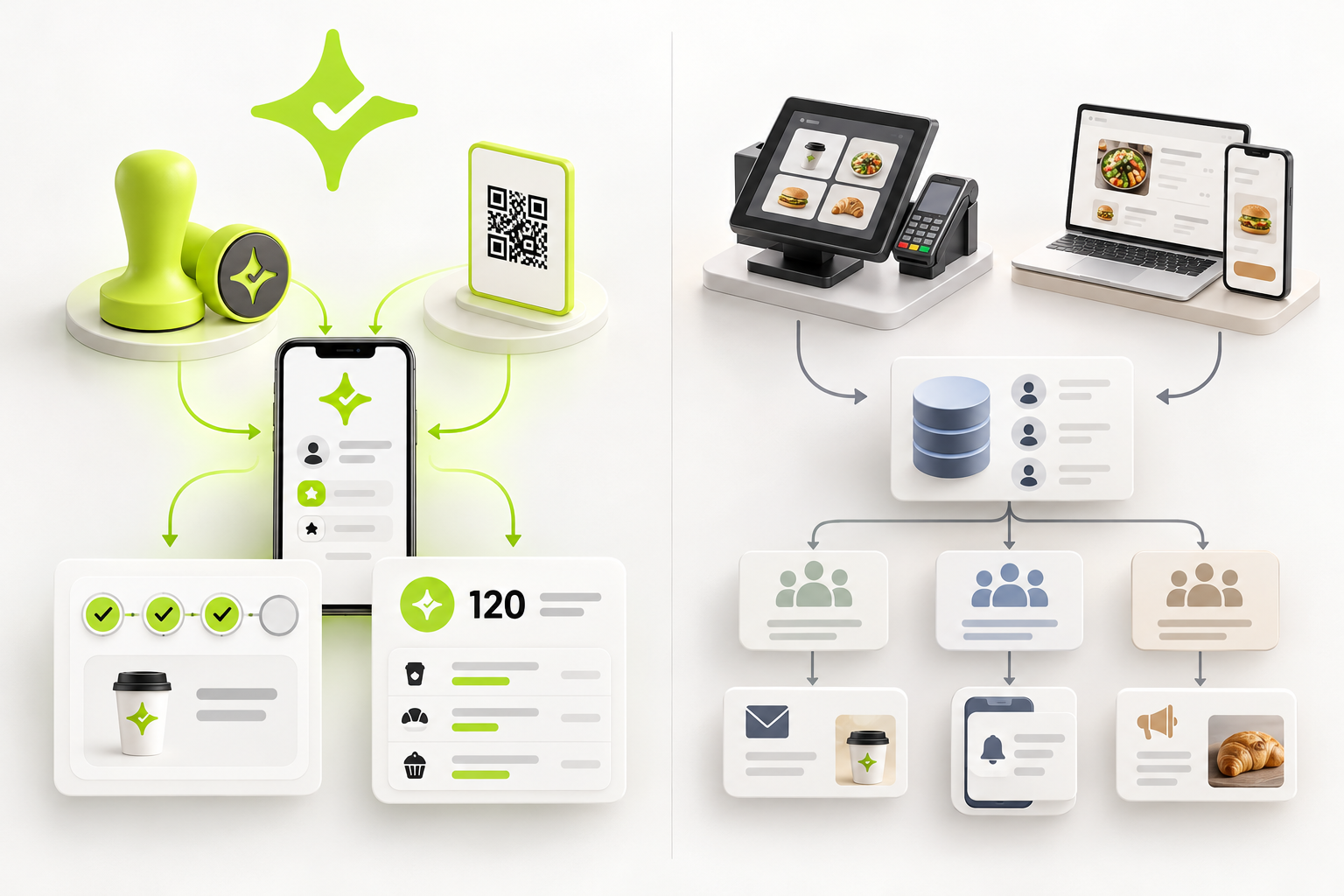Side-by-side loyalty workflows showing Çentik NFC and QR inputs leading to count or balance rewards, compared with connected restaurant ordering, customer data, and marketing processes.