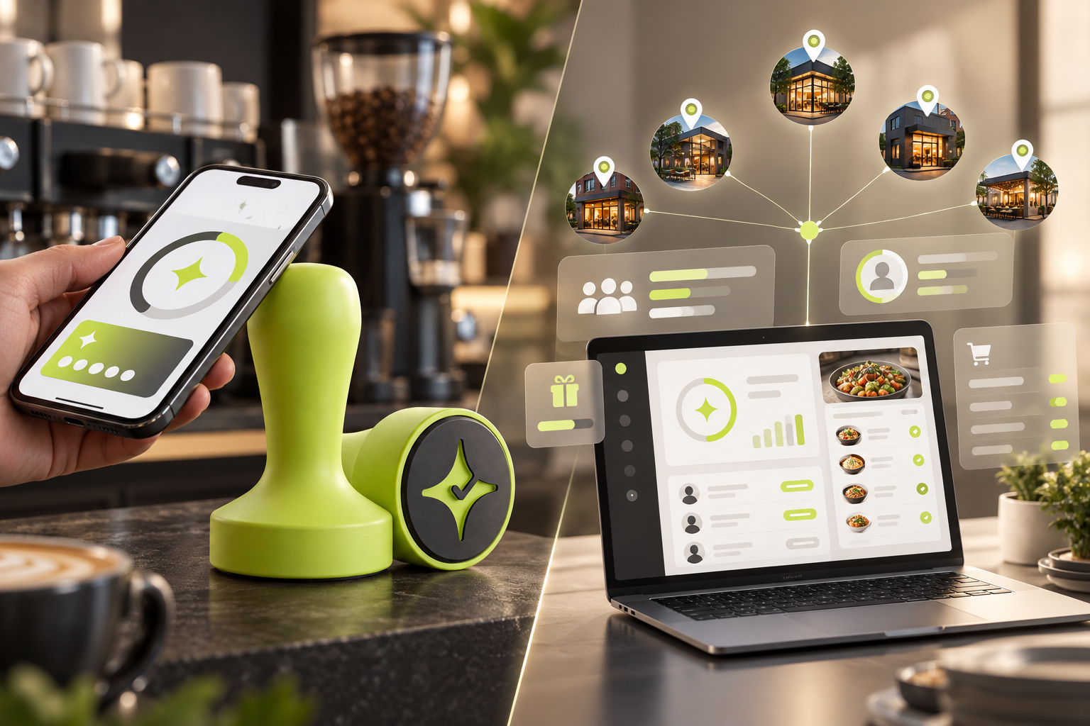 Editorial comparison of Çentik NFC customer loyalty at a café counter and an integrated multi-location restaurant engagement platform.