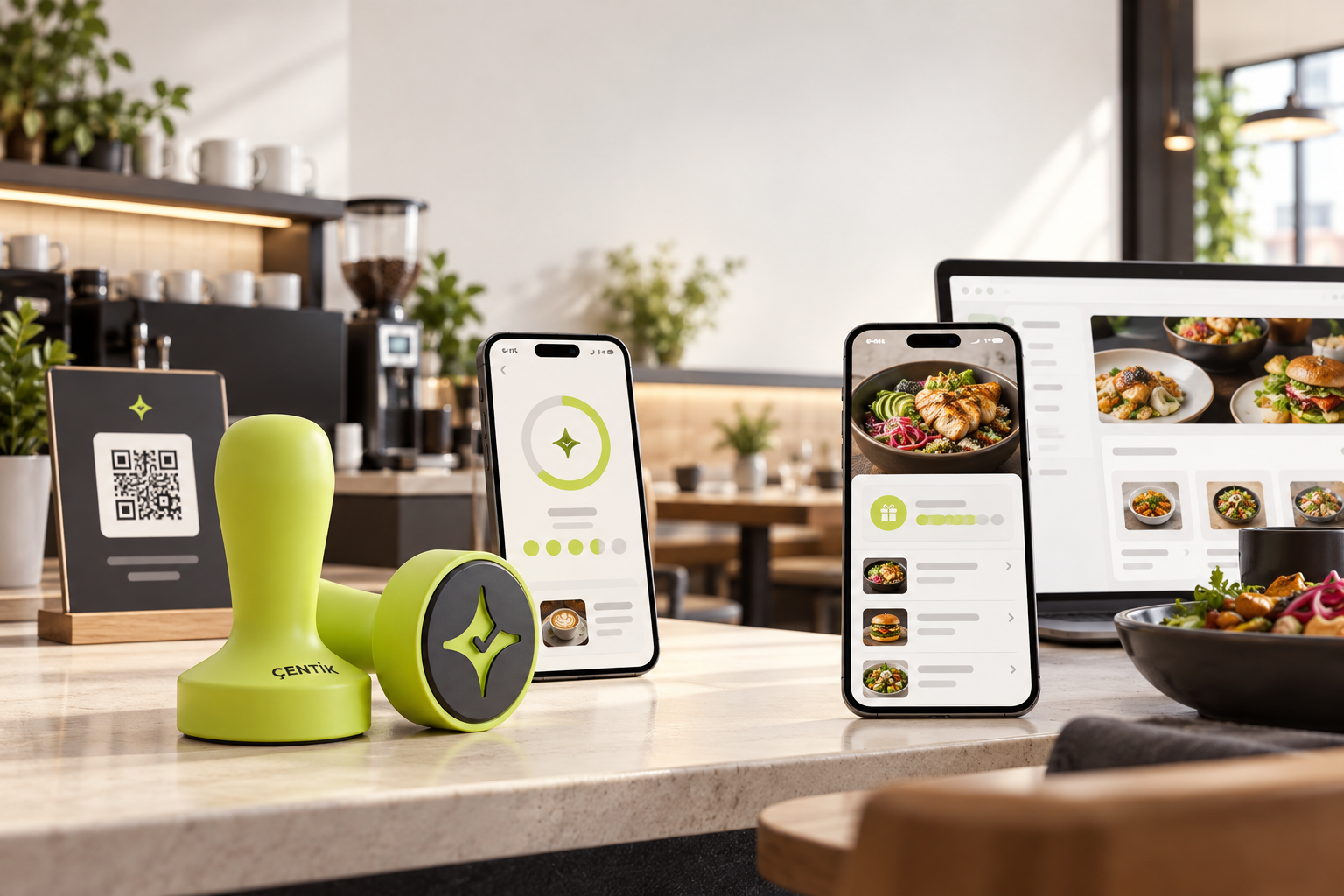 Editorial comparison of Çentik NFC and QR loyalty at a cafe counter and a restaurant online ordering and rewards experience.