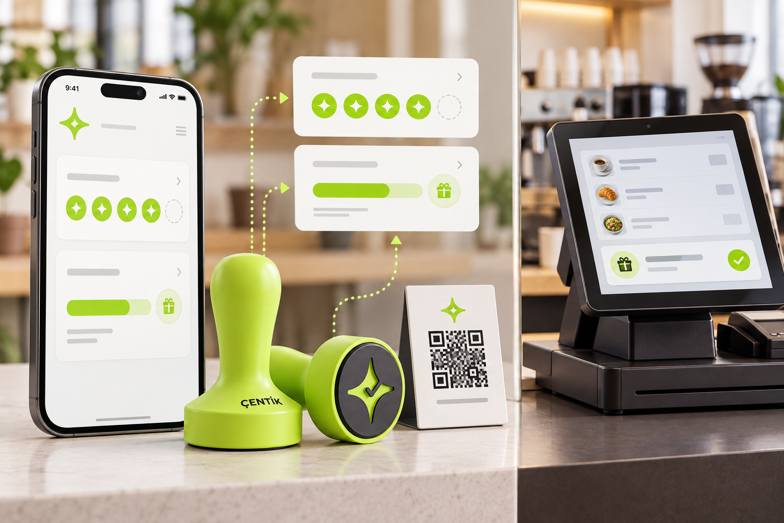 Editorial illustration showing NFC and QR interactions leading to count-based rewards or a loyalty balance, alongside a separate POS-connected rewards approach.