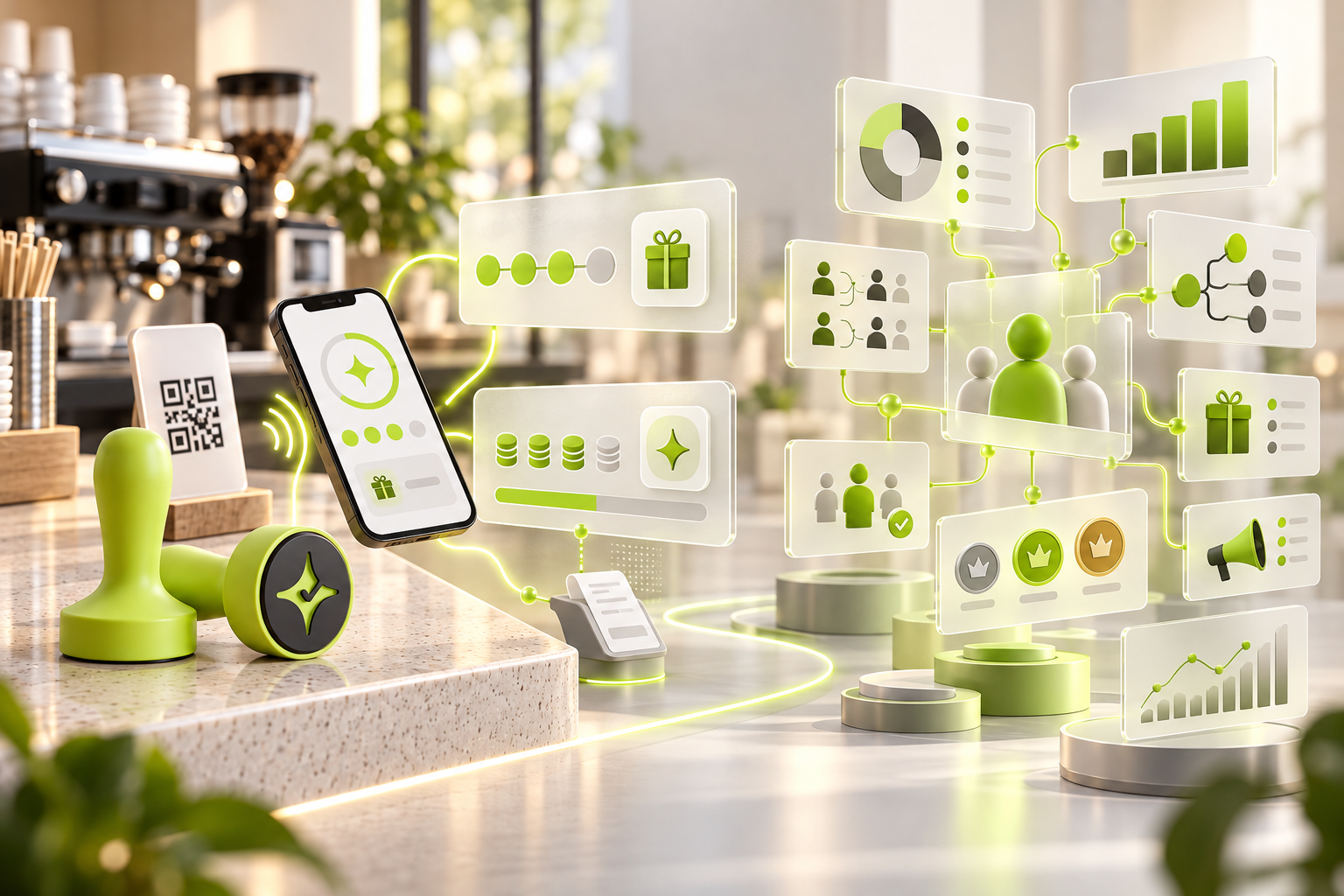Conceptual diagram showing Çentik NFC and QR interactions leading to count-based or balance-based rewards beside enterprise loyalty rules, tiers, and customer engagement workflows.