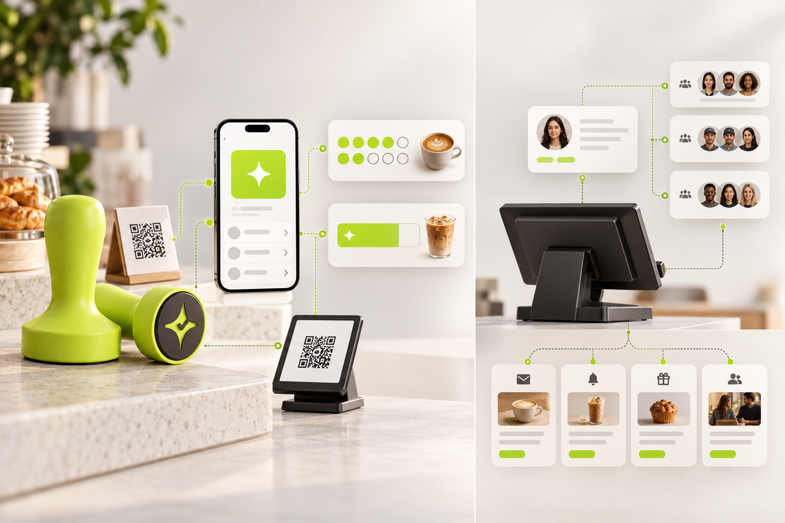 Conceptual comparison of Çentik NFC and QR interactions leading to count or balance rewards, alongside POS-connected customer segmentation and marketing workflows.