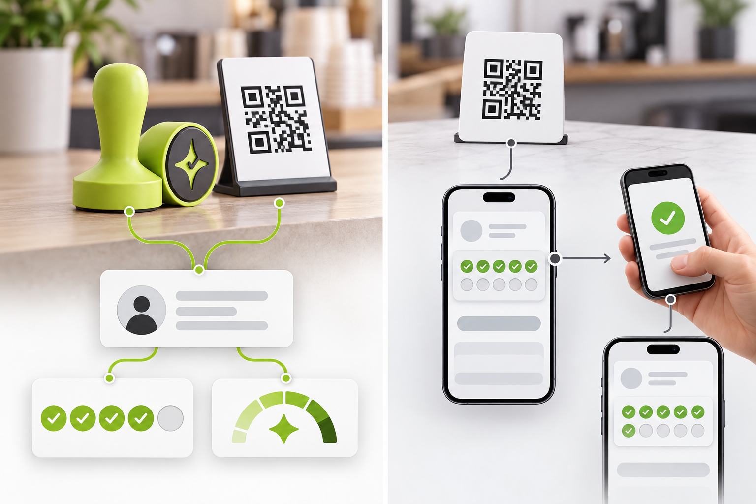 Conceptual side-by-side comparison of Çentik QR and NFC inputs leading to count or balance rewards and a mobile-wallet stamp card managed through a staff stamping workflow.