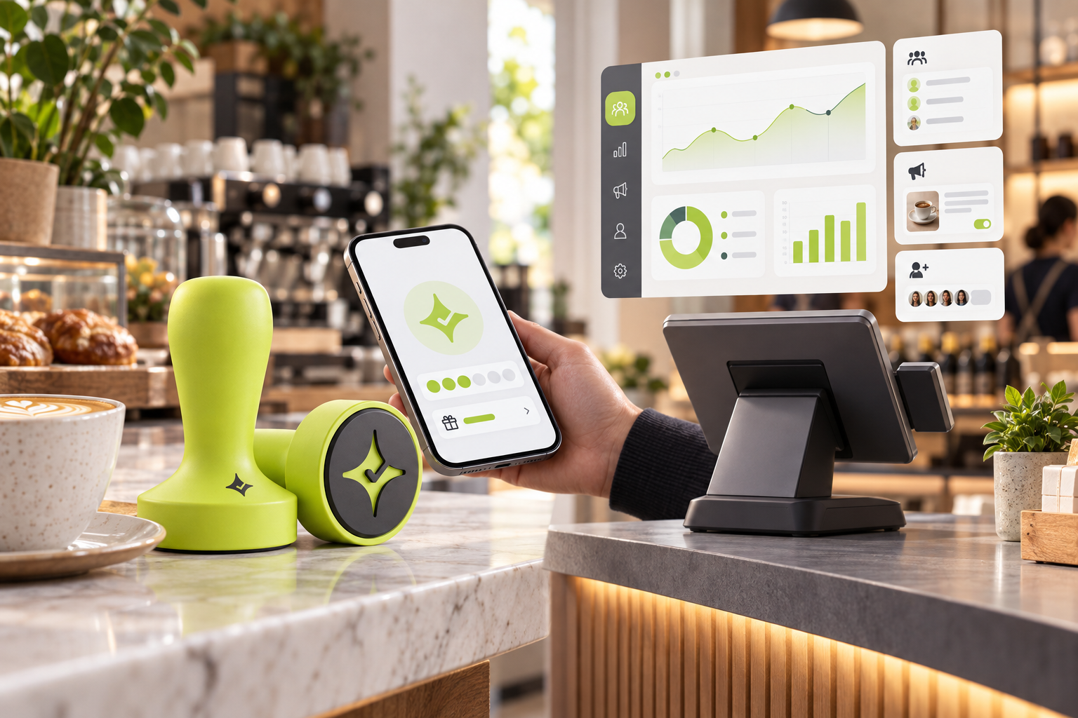 Editorial comparison of Çentik NFC and QR loyalty at a café counter with a broader customer engagement and POS-connected loyalty workflow.