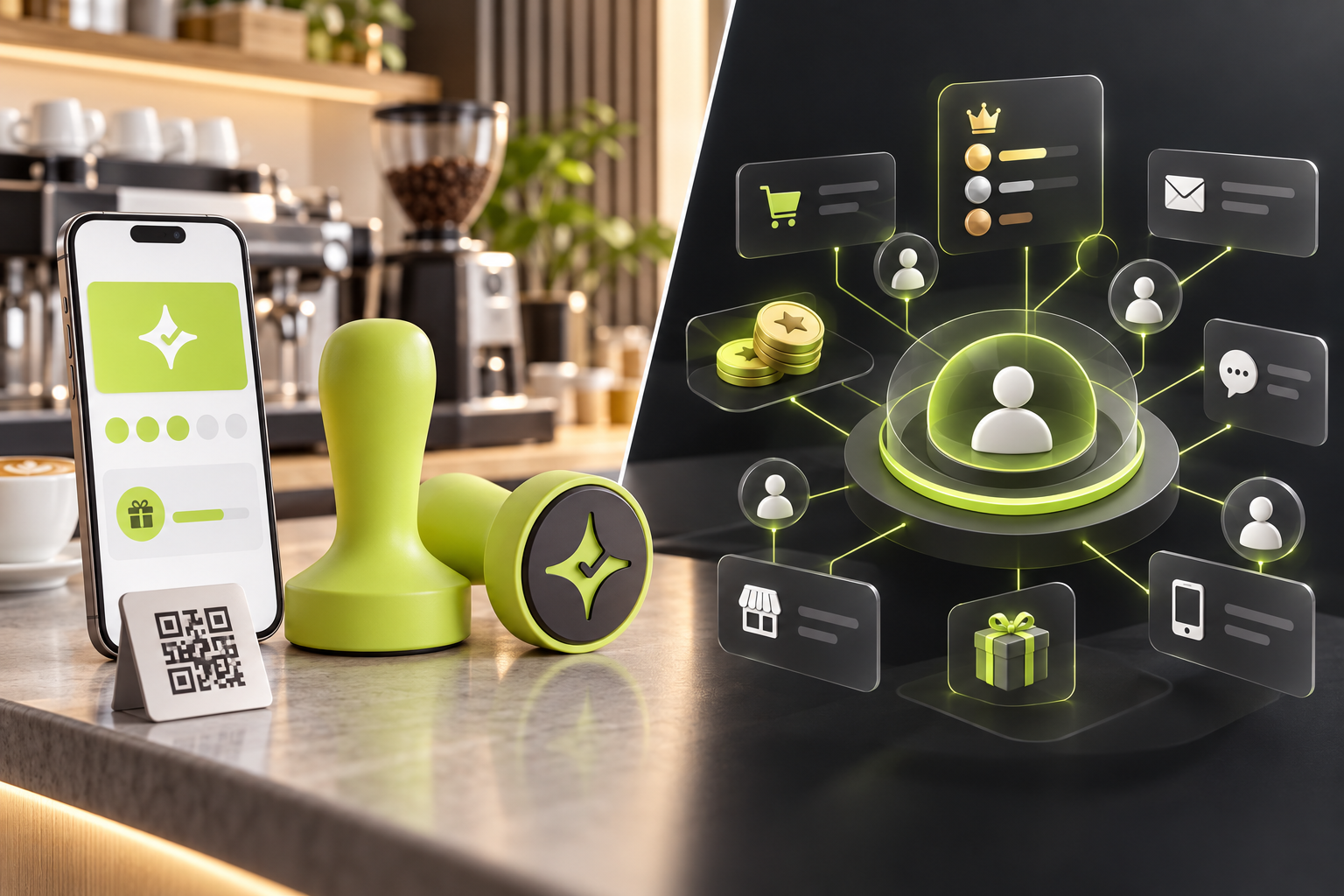 Side-by-side conceptual comparison of Çentik's NFC and QR in-store loyalty experience and an enterprise omnichannel loyalty system representing Annex Cloud.
