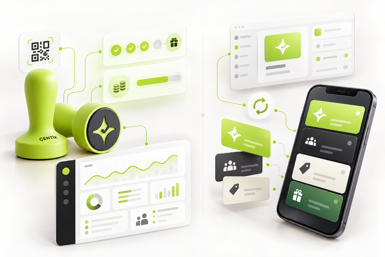 Conceptual comparison of Çentik NFC and QR interactions leading to count or balance rewards and a configurable digital wallet pass workflow.