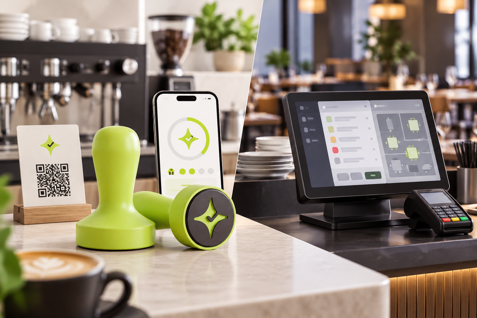 Conceptual comparison of Çentik's NFC and QR customer loyalty experience with a restaurant POS checkout environment.