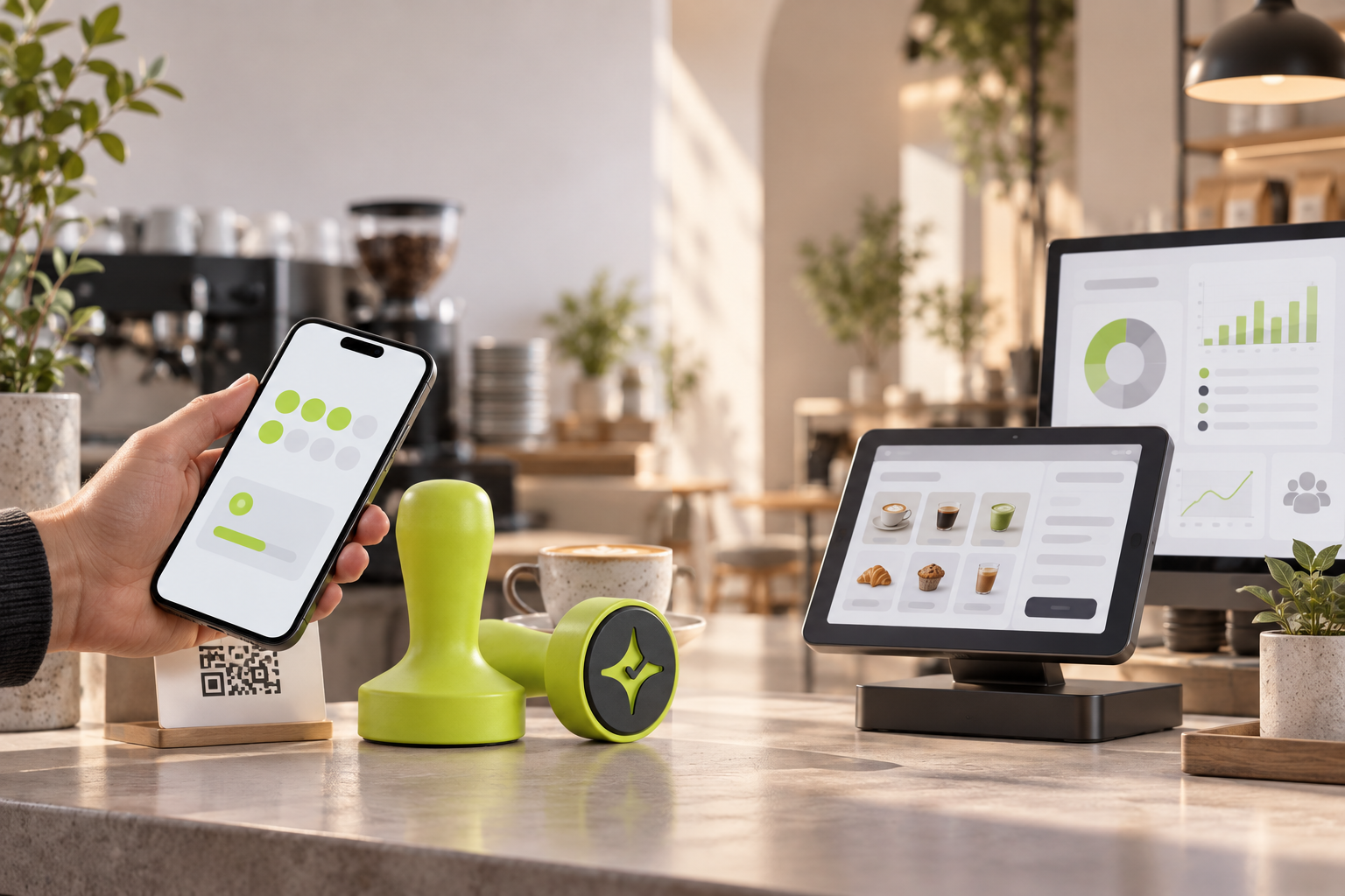 Editorial comparison of Çentik NFC and QR loyalty at a café counter with a separate integrated loyalty and marketing workflow.