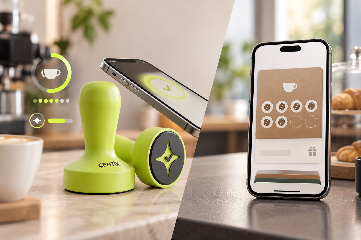 Çentik lime NFC loyalty touchpoint beside a customer phone, contrasted with a digital stamp card saved in a mobile wallet.