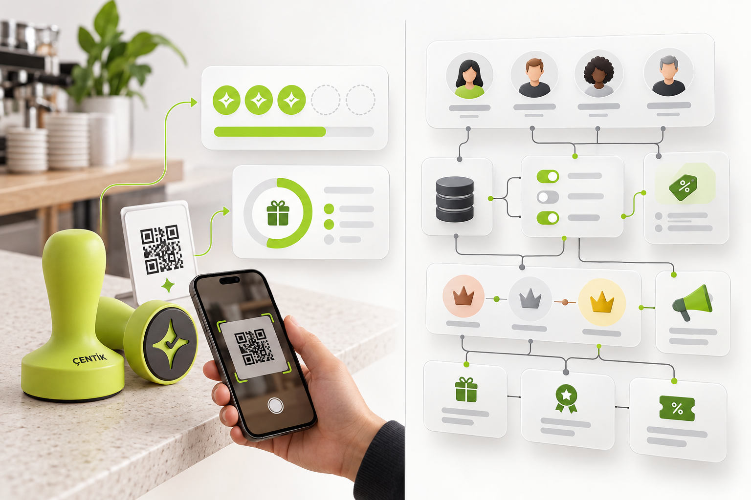 Illustrated comparison of NFC and QR count or balance reward workflows with enterprise points, tiers, promotions, and customer segmentation.